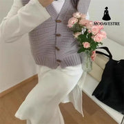 College Style Knitted Cardigan Vest Solid Color Wooden Buckle Bandage Dress Light Purple / L