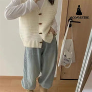 College Style Knitted Cardigan Vest Solid Color Wooden Buckle Bandage Dress Milky White / L