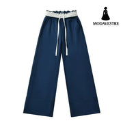 Color blocked flip waist wide leg sweatpants Navy Blue / S