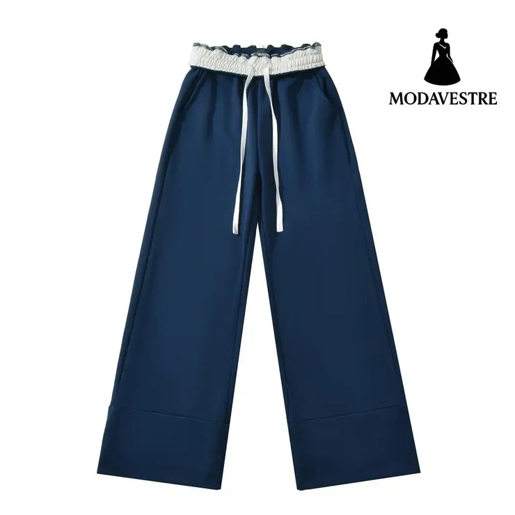 Color blocked flip waist wide leg sweatpants Navy Blue / S