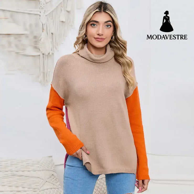 Color Matching Pullover Turtleneck Sweater Women’s Long Sleeve