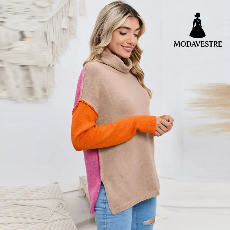 Color Matching Pullover Turtleneck Sweater Women’s Long Sleeve
