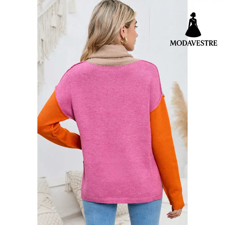 Color Matching Pullover Turtleneck Sweater Women’s Long Sleeve
