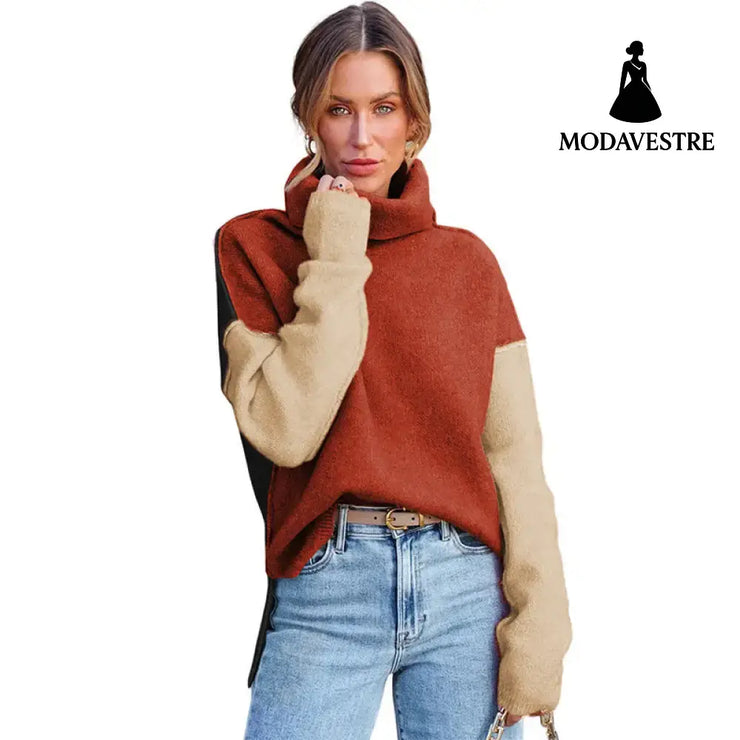 Color Matching Pullover Turtleneck Sweater Women’s Long Sleeve LC2723195 Brown / L
