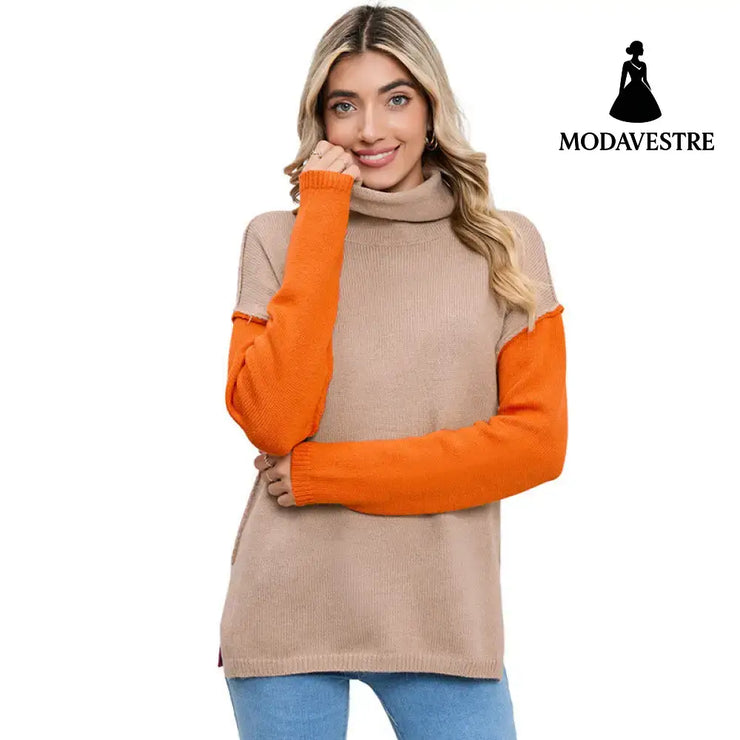 Color Matching Pullover Turtleneck Sweater Women’s Long Sleeve LC2723195 Khaki / M