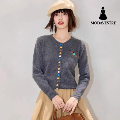 Colorful Button Contrast Color Dog Cotton Knit Top Autumn Winter Fashion Korean Style Casual Versatile Chic Long Sleeve