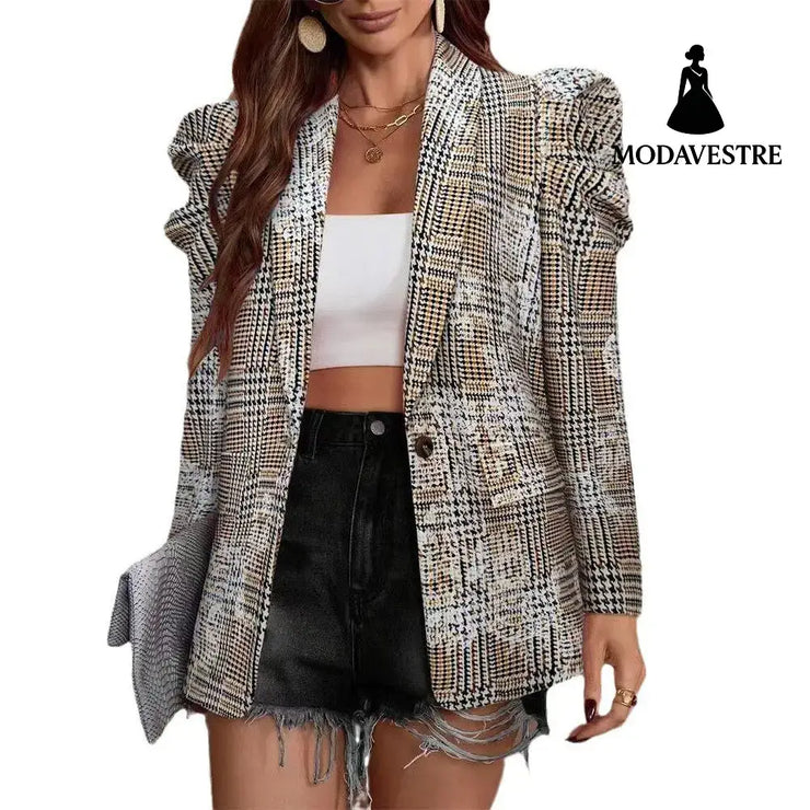 Commuter Printed Puff Sleeve Pleated Loose Long Sleeve Jacket Jacket