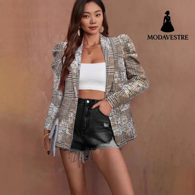 Commuter Printed Puff Sleeve Pleated Loose Long Sleeve Jacket Jacket