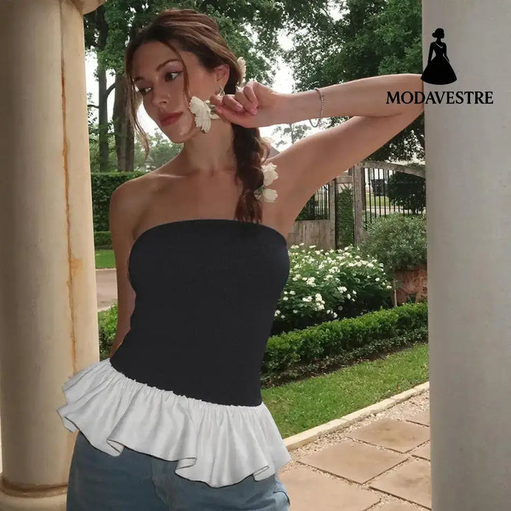 Contrast Color Bandeau Slim-fit Patchwork Ruffled Sexy Women Clothing Top