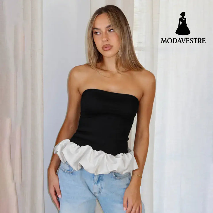 Contrast Color Bandeau Slim-fit Patchwork Ruffled Sexy Women Clothing Top