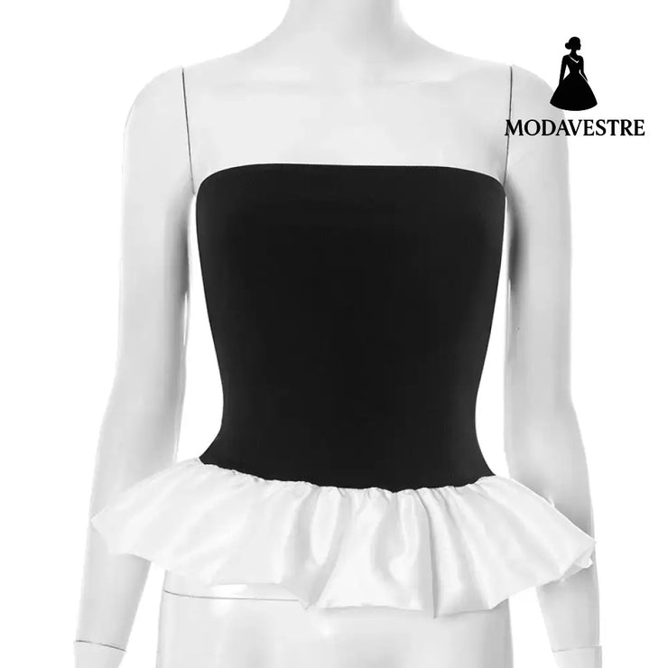 Contrast Color Bandeau Slim-fit Patchwork Ruffled Sexy Women Clothing Top Black / L