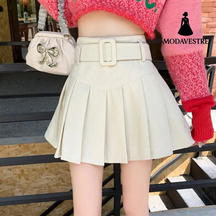 Corduroy Half Women’s Autumn A-line Half Skirt Pleated Skirt Apricot / L