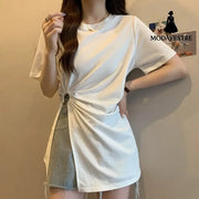 Cotton Irregular Split Short-sleeved T-shirt Women’s Summer