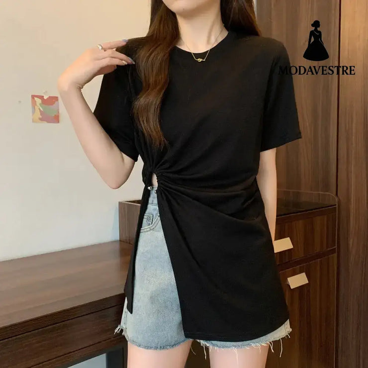 Cotton Irregular Split Short-sleeved T-shirt Women’s Summer