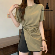 Cotton Irregular Split Short-sleeved T-shirt Women’s Summer Army Green / L