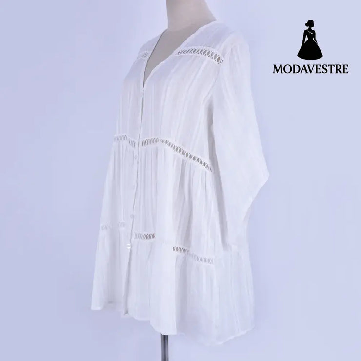 Cotton Jacquard Button Loose Sleeve Sunscreen Clothing For Women White / One size