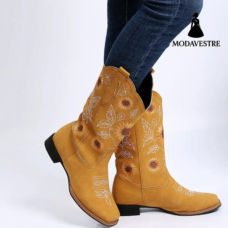 Cowboy Boots Women Sunflower Embroidery Shoes Low Heel Western Boot