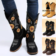 Cowboy Boots Women Sunflower Embroidery Shoes Low Heel Western Boot