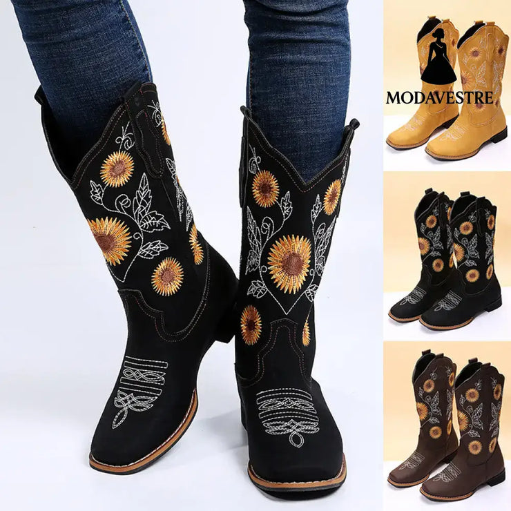 Cowboy Boots Women Sunflower Embroidery Shoes Low Heel Western Boot