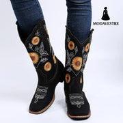 Cowboy Boots Women Sunflower Embroidery Shoes Low Heel Western Boot