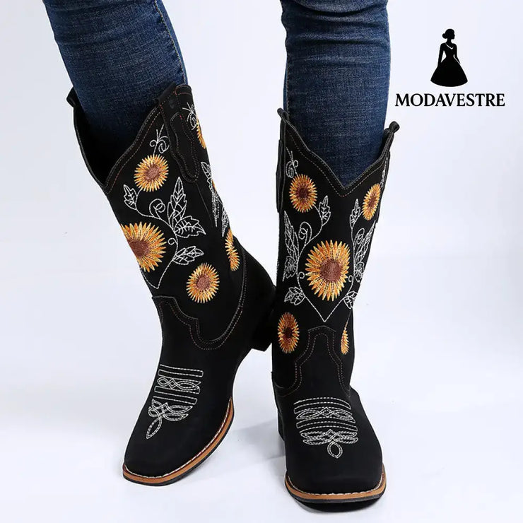 Cowboy Boots Women Sunflower Embroidery Shoes Low Heel Western Boot