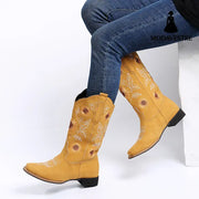 Cowboy Boots Women Sunflower Embroidery Shoes Low Heel Western Boot
