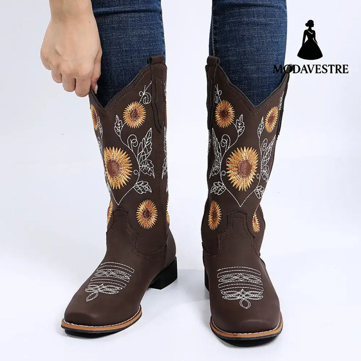 Cowboy Boots Women Sunflower Embroidery Shoes Low Heel Western Boot