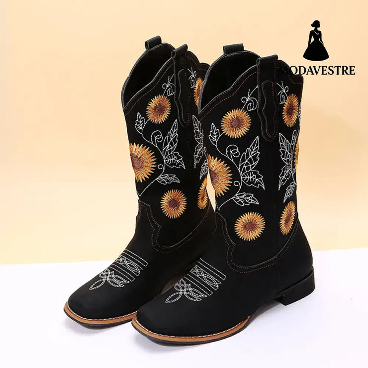 Cowboy Boots Women Sunflower Embroidery Shoes Low Heel Western Boot Black / Size35
