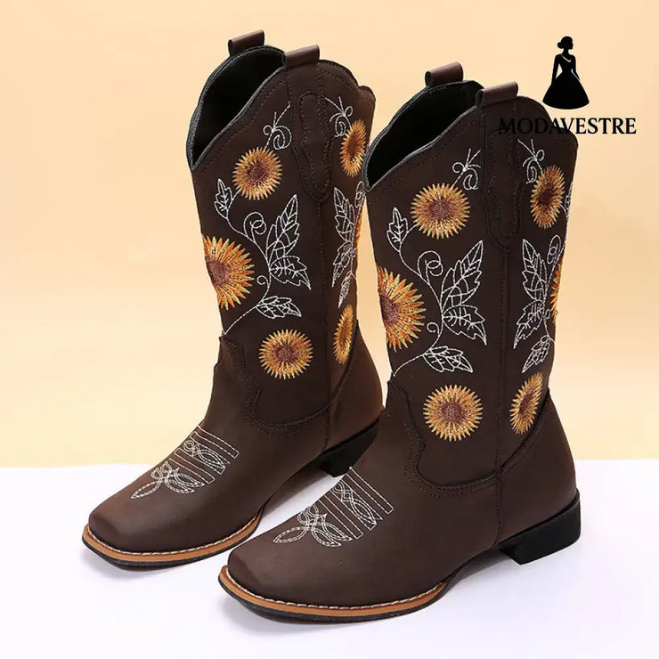 Cowboy Boots Women Sunflower Embroidery Shoes Low Heel Western Boot Brown / Size35