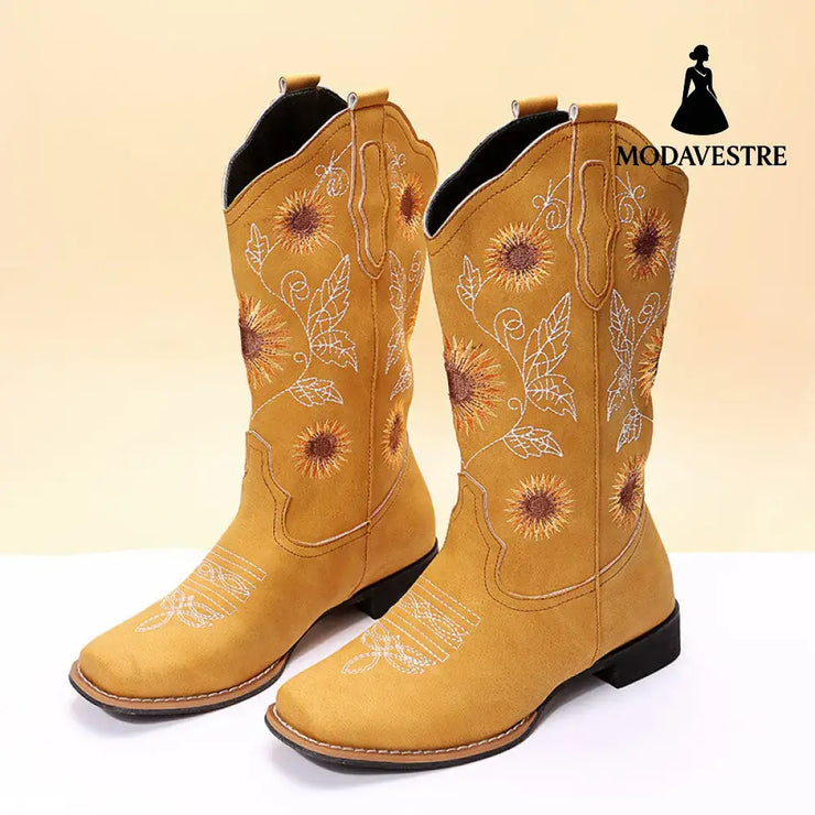 Cowboy Boots Women Sunflower Embroidery Shoes Low Heel Western Boot Yellow / Size35