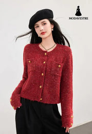 Cream Knit Cardigan Autumn Winter New Short Chiffon Style Women’s Top