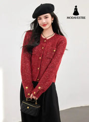 Cream Knit Cardigan Autumn Winter New Short Chiffon Style Women’s Top