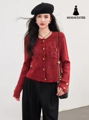 Cream Knit Cardigan Autumn Winter New Short Chiffon Style Women’s Top