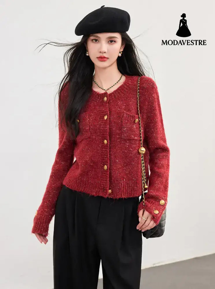 Cream Knit Cardigan Autumn Winter New Short Chiffon Style Women’s Top