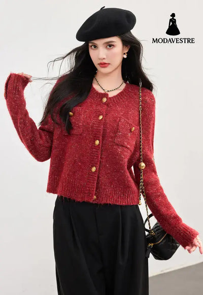 Cream Knit Cardigan Autumn Winter New Short Chiffon Style Women’s Top Red / S