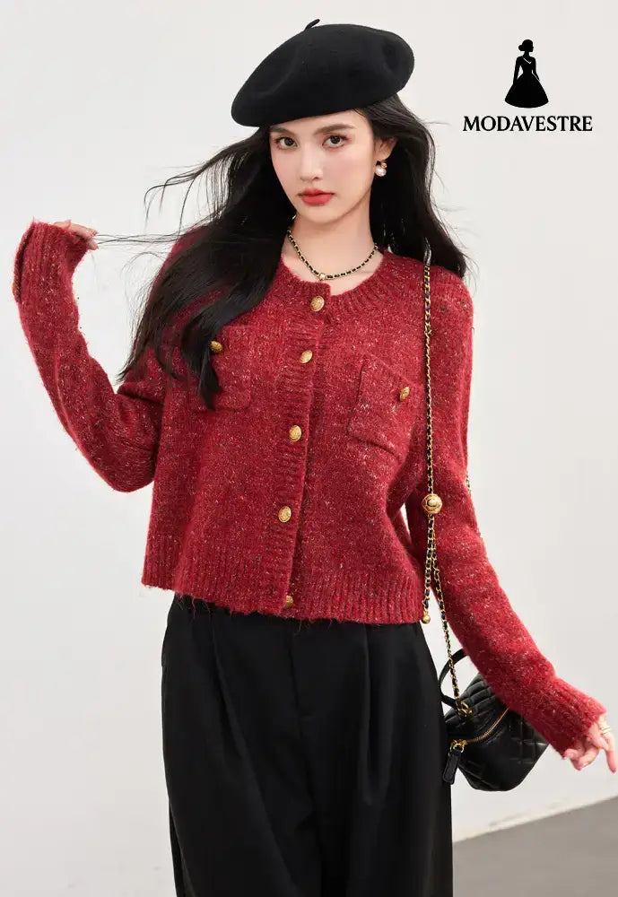 Cream Knit Cardigan Autumn Winter New Short Chiffon Style Women’s Top Red / S