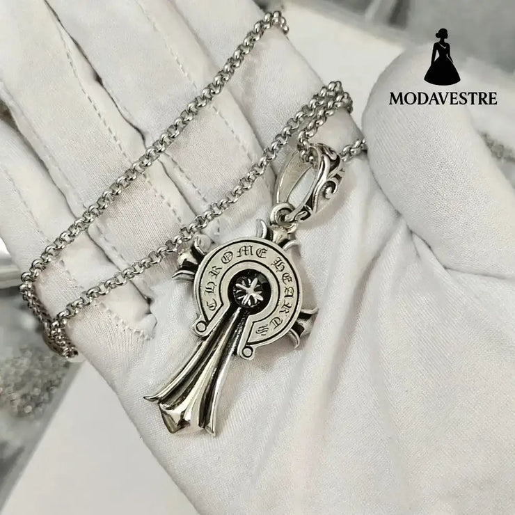 Cross necklace hexagonal star sword boat anchor pendant paired with letter flame pearl chain A set of horse hooves