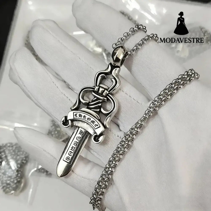 Cross necklace hexagonal star sword boat anchor pendant paired with letter flame pearl chain A set of large swords