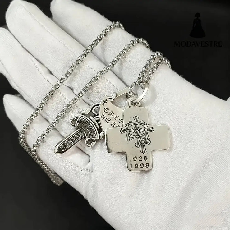 Cross necklace hexagonal star sword boat anchor pendant paired with letter flame pearl chain Three piece set of