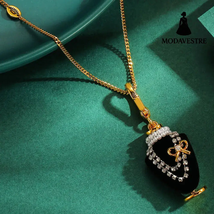 Crystal zircon pearl bow black pendant necklace pendant