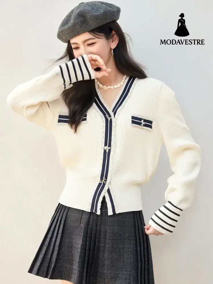 Cute V-neck Lace Patchwork Knit Cardigan Top for Women Korean Academic Style