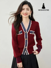 Cute V-neck Lace Patchwork Knit Cardigan Top for Women Korean Academic Style