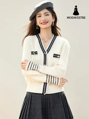 Cute V-neck Lace Patchwork Knit Cardigan Top for Women Korean Academic Style Apricot / S