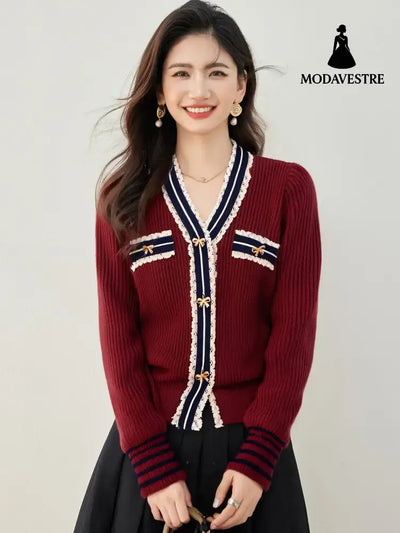 Cute V-neck Lace Patchwork Knit Cardigan Top for Women Korean Academic Style Red / S