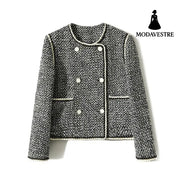 Double Breasted Temperament Western Style Autumn Clothing Coat Women Black And White Color Matching / 2XL