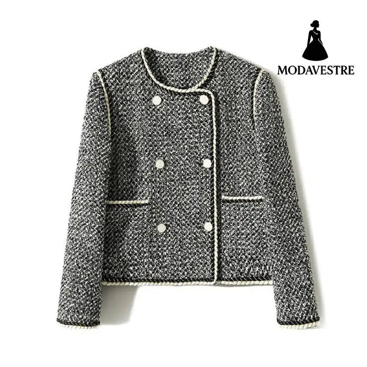 Double Breasted Temperament Western Style Autumn Clothing Coat Women Black And White Color Matching / 2XL