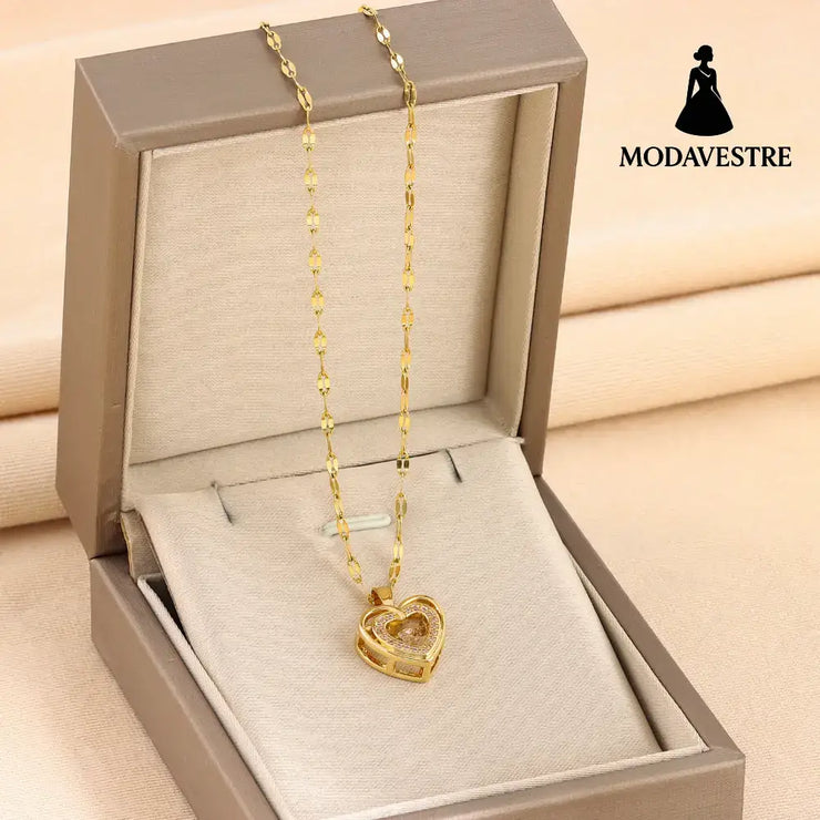 Double-layer Love Necklace With Rhinestones Titanium Steel Pendant Fashion Jewelry Woman Valentines Day Gift