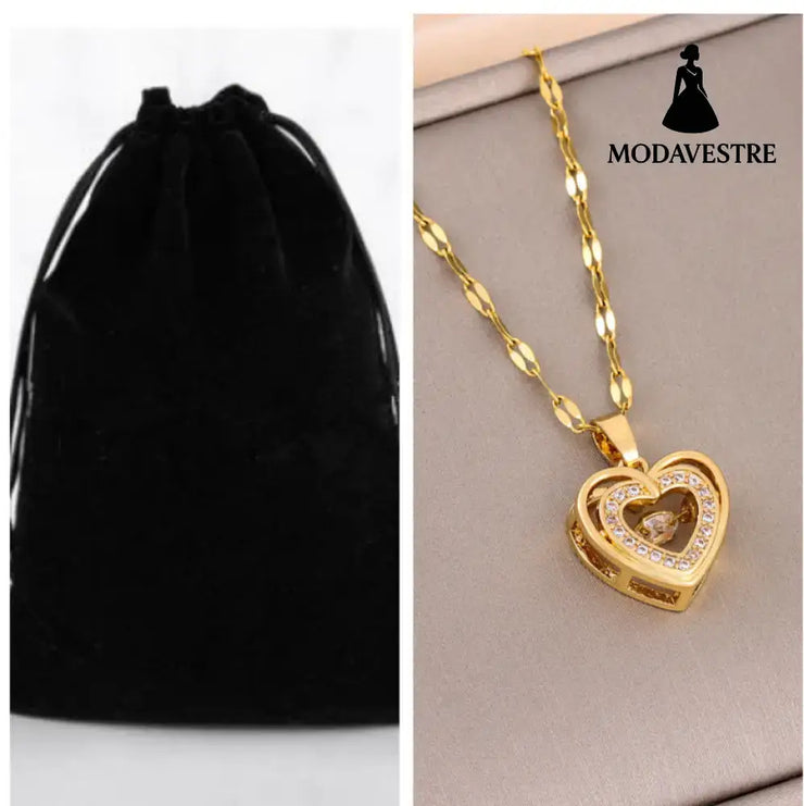 Double-layer Love Necklace With Rhinestones Titanium Steel Pendant Fashion Jewelry Woman Valentines Day Gift Set