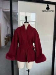 Double sided coat mid length warm jacket Burgundy Fuzzy Long Sleeve Coat / S