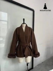 Double sided coat mid length warm jacket Dark Brown / S
